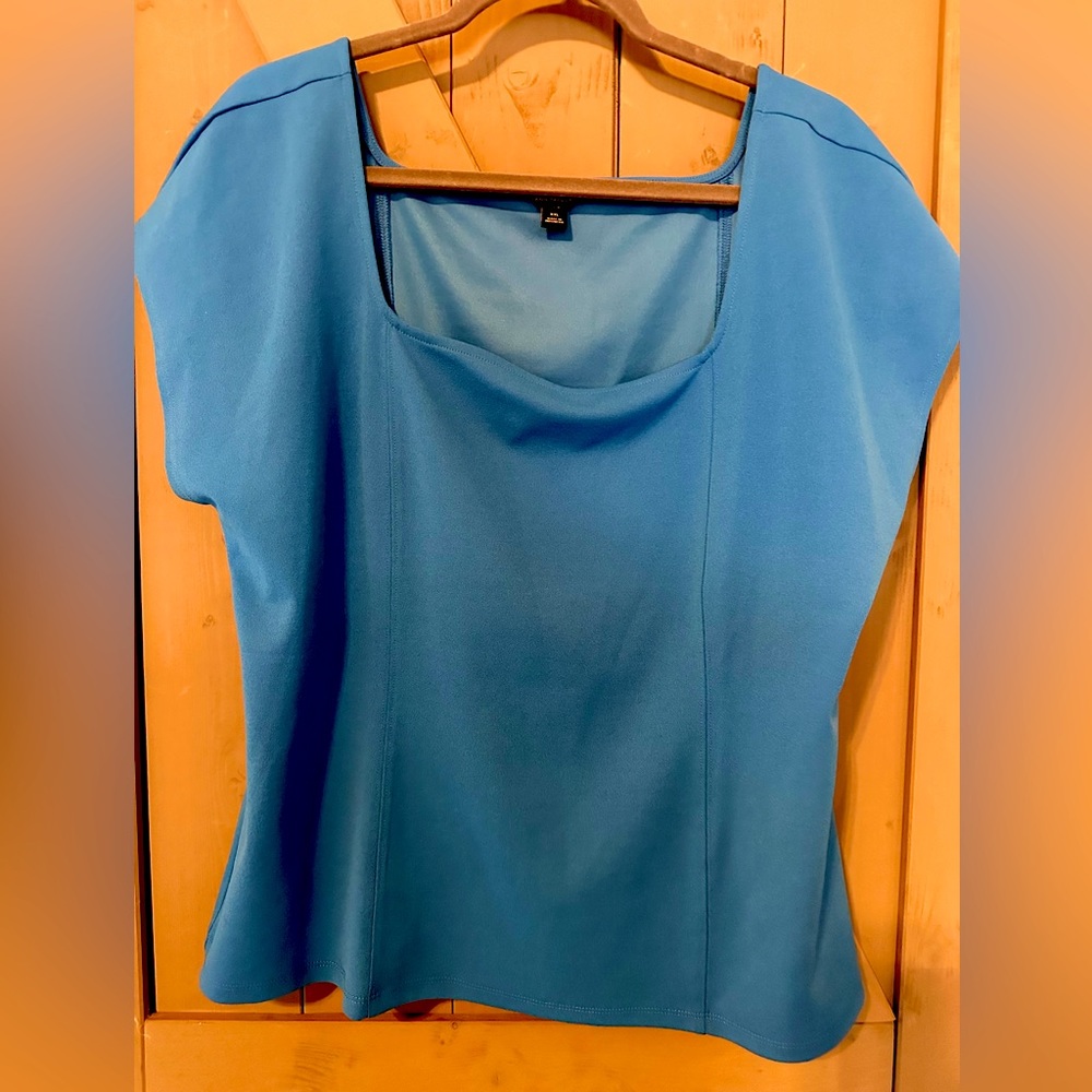 Ann Taylor Blue Blouse- fitted with flattering square neckline.